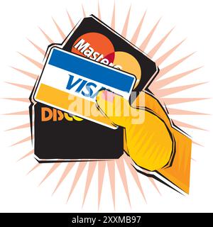 Hand holding credit cards for deposit cash withdrawal and money transfer operations promotion poster abstract illustration Stock Vector