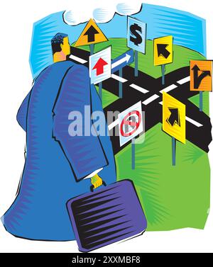 Clipart of Businessman is making decision and selecting best business strategy. Stock Vector