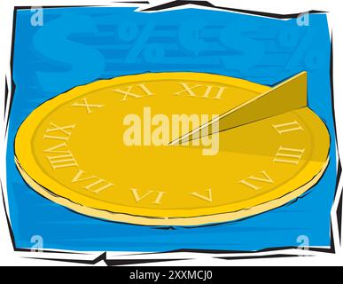 Color vector of a gold sundial on a blue background. Sundial in Flete Cartoon style vector Stock Vector