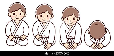 Cute cartoon kid performing japanese martial arts bow (zarei) sitting in seiza. Boy in gi,  karate, aikido, judo student. Simple drawing, vector clip Stock Vector