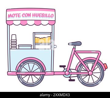 Mote con huesillo bike cart selling traditional Chilean drink with dried peaches and wheat. Cute cartoon street food vendor bicycle drawing. Simple fl Stock Vector