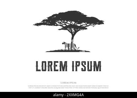 African Acacia Tree with Tiger Jaguar Leopard Cheetah Puma Panther Silhouette for Safari Adventure Logo Design Vector Stock Vector