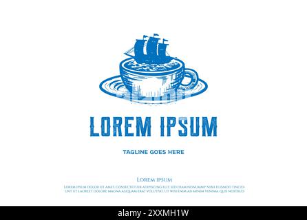 Vintage Retro Boat Ship with Coffee Mug for Cafe Restaurant Logo Design Vector Stock Vector