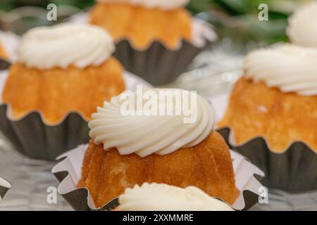 Delicious vanilla cupcakes with vanilla swirl icing on top in black cup cake cups Stock Photo