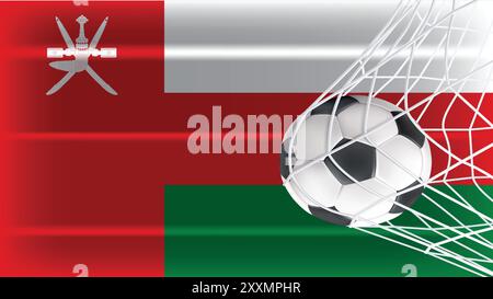 Soccer or Football ball in Goal Net Isolated on Oman Shaded Flag, Sports Accessory Equipment for Playing Game, Championship and Competition Design Stock Vector