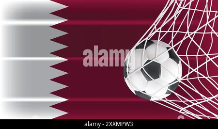 Soccer or Football ball in Goal Net Isolated on Qatar Shaded Flag, Sports Accessory Equipment for Playing Game, Championship and Competition Design Stock Vector