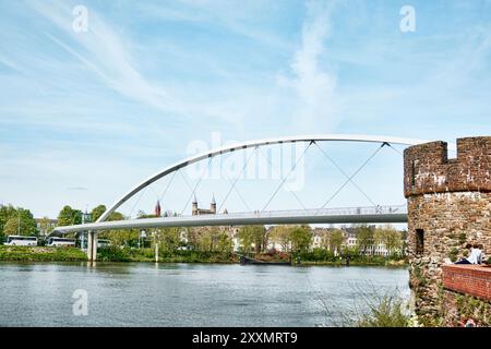 Maastricht, Netherlands - April 13, 2024: Hoge brug (high bridge) facing the historic city centre of Maastricht over Maas River Stock Photo