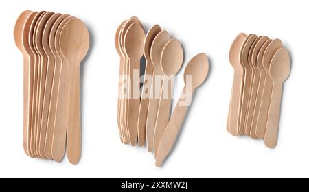 bunch of disposable wooden spoons isolated white background, eco-friendly alternative single use cutlery used in parties, picnics, takeaway meals Stock Photo