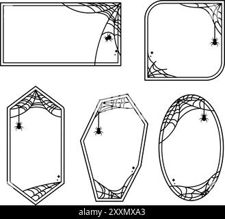 Collection of Spooky Halloween Frames decorated with spider web. Thin lines border for card invitation, sticker or label design. Stock Vector
