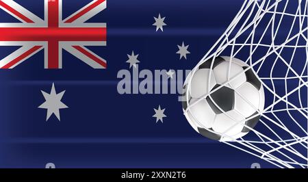 Soccer or Football ball in Goal Net Isolated on Australia Shaded Flag, Sports Accessory Equipment, Championship and Competition Design Stock Vector