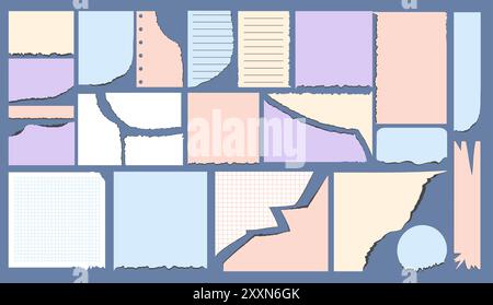 Paper page template set. Isolated torn pieces of paper, checkered notebook sheets and Sticky Note. Vector illustration for design Stock Vector