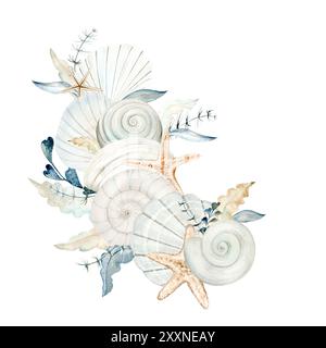 Composition of sea shells, pebbles and seaweed watercolor drawing. Hand ...