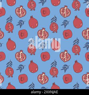 Pomegranate seamless pattern. Ripe fruits and leaves endless background. Half and whole pomegranates repeat cover. Blue and red continuous surface des Stock Vector