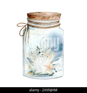 Sea shells, seaweed, pebbles in a glass jar. Isolated drawing on white background. Watercolor illustration in pastel colors. The drawing is hand drawn Stock Photo