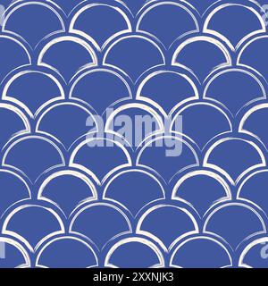 Blue brush lines scallop seamless pattern. Stroke arch repeat background. Painting continuous design. Vector simple illustration. Stock Vector