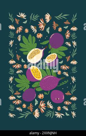 Passion fruit and daisy poster. Flowers and fruits background. Dark card. Vector hand drawn flat illustration Stock Vector