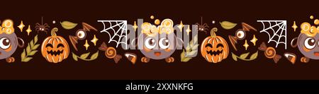 Adorable Halloween art featuring cheerful pumpkins, cauldrons, and a variety of festive decorations to enjoy Stock Vector