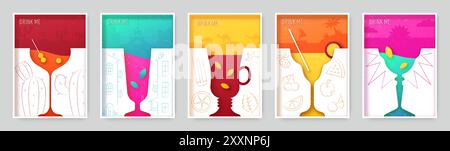 Cocktail posters. Glass drink menu, party invitation design, retro bar banner, minimalist vintage aperitif like alcohol whiskey or martini. Cold beverages in geometric glasses. Vector minimal design Stock Vector