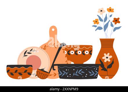 Tea tableware. Ceramic teapot. Cups with saucers. Kitchen utensil. Plates serving. Home dishware. Porcelain mugs. Flower vase. Dish floral ornament. Cooking ladle and pot. Vector crockery composition Stock Vector