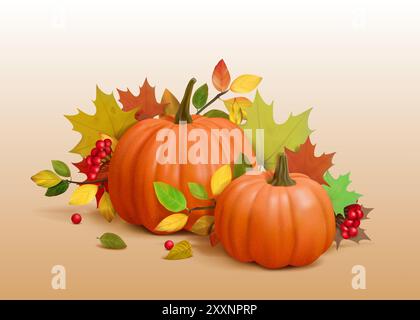 Autumn pumpkins. Happy thanksgiving day design composition, fall food background with halloween party, november maple leaves and berries, leaf harvest. Isolated 3d render elements, vector banner Stock Vector