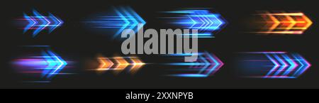Speed light. Fast movement effect. Abstract action or race energy. Glowing arrow. Dynamic blue design. Blurred direction motion. Rush moving. Navigation icon. Next symbol. Vector shiny pointers set Stock Vector