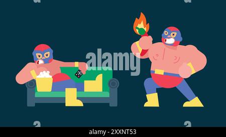 Mexican Wrestler Set with Mask Battle Acrobat Fighter Lucha Libre, Setting on sofa and eating popcorn, holding hot pepper, vector illustration cartoon Stock Vector