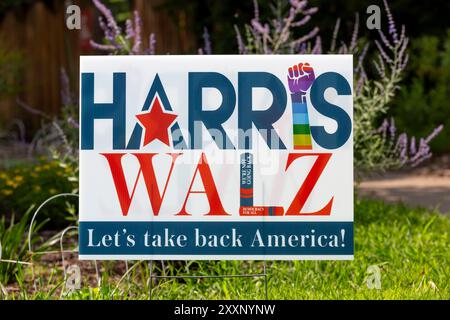 2024 US presidential election yard sign for democrats Vice-President Kamala Harris and Minnesota Governor Tim Walz with the slogan, “Let’s take back A Stock Photo