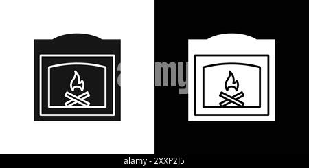 Fireplace icon Black line art vector in black and white outline set collection sign Stock Vector