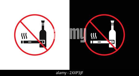 No alcohol and cigarettes icon Black line art vector in black and white outline set collection sign Stock Vector