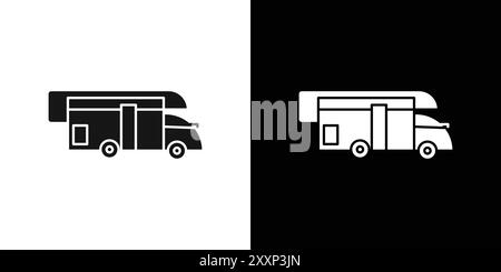 camping car icon Black line art vector in black and white outline set collection sign Stock Vector