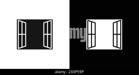 Open windows icon Black line art vector in black and white outline set collection sign Stock Vector