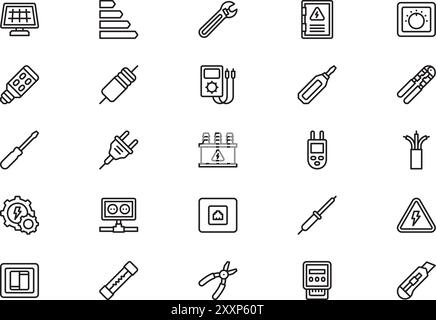 Electrician tools and elements icons collection is a vector illustration with editable stroke. Stock Vector