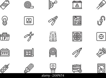 Electrician tools and elements icons collection is a vector illustration with editable stroke. Stock Vector