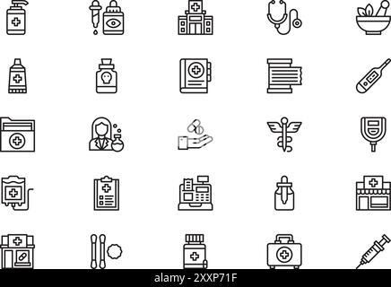 Pharmacy icons collection is a vector illustration with editable stroke. Stock Vector