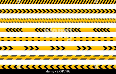 Set of different caution barricade tapes with black and yellow print. Barriers in quarantine site, construction work area or crime scene. Restricted, warn or forbidden signs. Vector flat illustration. Stock Vector