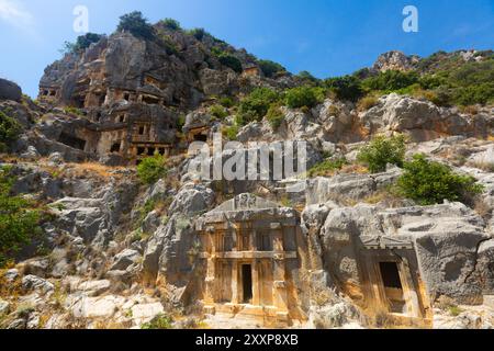 View of the ancient Lycian rock tombs in the city of Myra Stock Photo