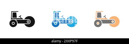 Road roller icon outline collection or set in black and white Stock Vector