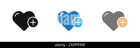 Heart plus icon outline collection or set in black and white Stock Vector