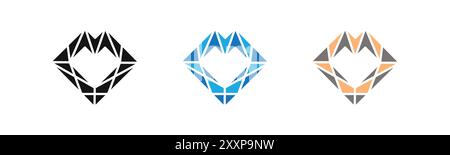 Heart shaped diamond icon outline collection or set in black and white Stock Vector