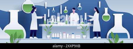 Laboratory scientists conducting experiments with flasks and test tubes in a modern lab setting with plants and shelves paper cut style Stock Vector