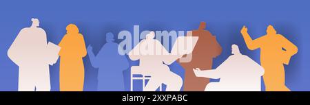 Silhouettes of people in various activities paper cut style figures on blue background gradient colors Stock Vector