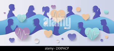 Silhouette figures with heart shapes and wave pattern in paper cut style Stock Vector