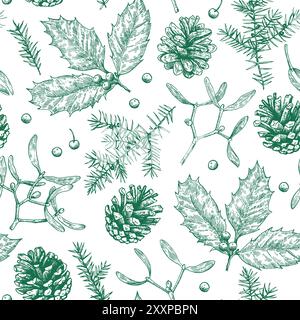 Christmas seamless pattern with pine cones, holly, mistletoe and juniper. Monochrome vector illustration in engraving style. Stock Vector