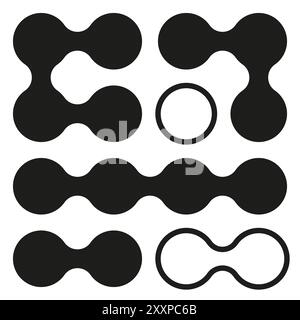 Abstract connection shapes. Black circular linked symbols. Geometric vector patterns. Modern minimalistic design. Stock Vector