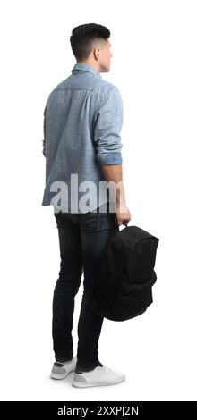 Man in casual clothes with backpack on white background, back view Stock Photo