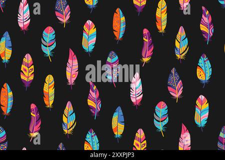 Bird feathers seamless pattern. Bohemian feather abstract boundless background. Feather ornament endless design paper print, fabric textile. Colorful elegant wrapper backdrop template stylized vector Stock Vector