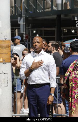 New York, USA, August 24, 2024 - New York City Mayor Eric Adams delivers remarks during a flag-raising ceremony in honor of Ukraine Independence Day at Bowling Green Park in Manhattan on Saturday, August 24, 2024. The ceremony marked the ongoing support of New Yorkers for Ukraine as the country continues to face challenges due to the ongoing conflict. Joined by local officials, diplomats, and members of the Ukrainian-American community today in New York City. Photo: Luiz Rampelotto/EuropaNewswire Stock Photo