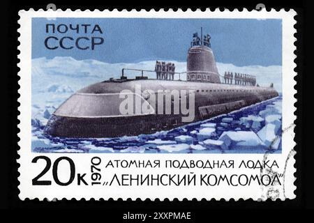 USSR, CIRCA 1970: A post stamp printed in USSR showing soviet atomic submarine Stock Photo