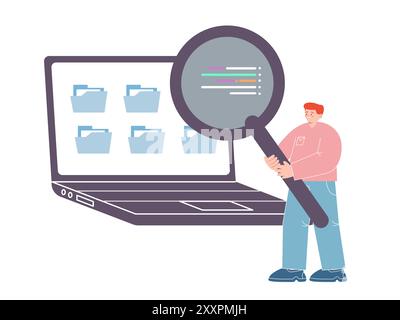 computer forensic cyber security analyzing analyze inspection find proof evidence identification magnifying design icon illustration Stock Vector