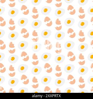 Fried eggs with yolk and Cracked eggshell Seamless pattern Isolated. Egg Day culinary background Texture. Wallpaper, wrapping or cards, flyer, poster, banner, tag, leaflet, label or web Vector concept Stock Vector